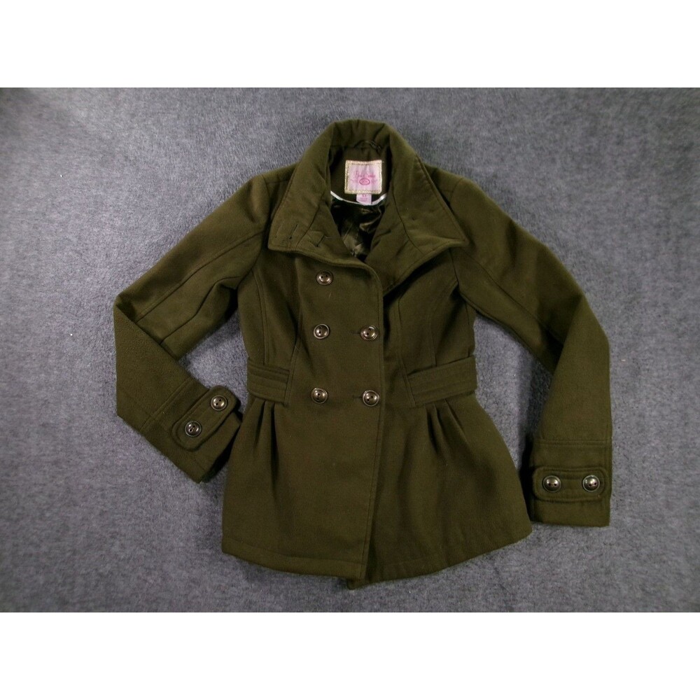 Pink Envelope Coat Womens XS Double Breasted Belted Peacoat Pleated Waist Olive